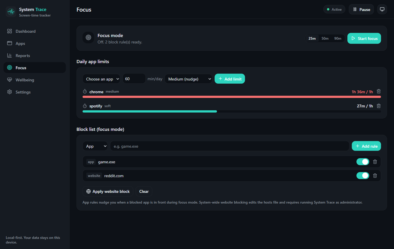 System Trace app limits and focus mode with a block list of apps and websites