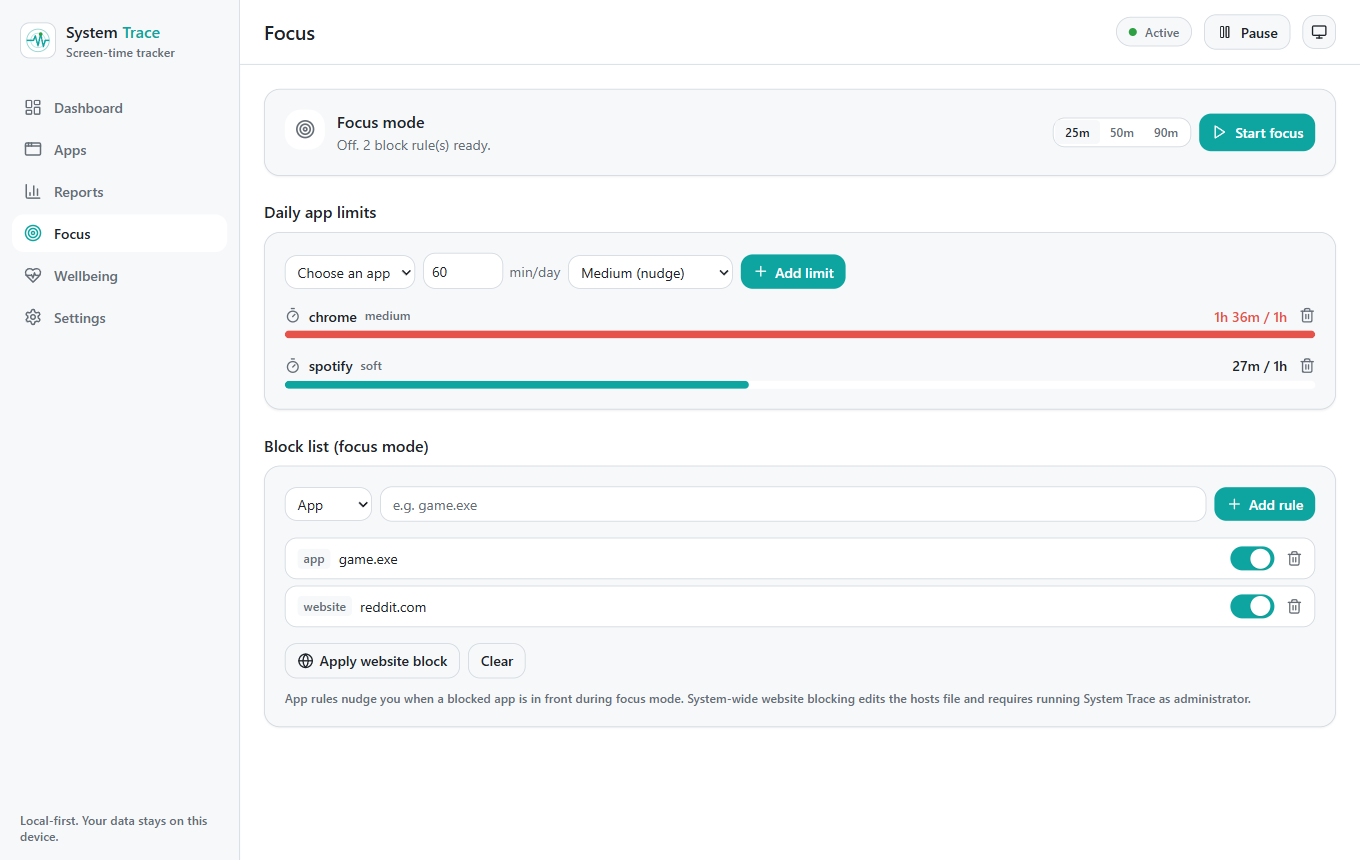 System Trace app limits and focus mode with a block list of apps and websites
