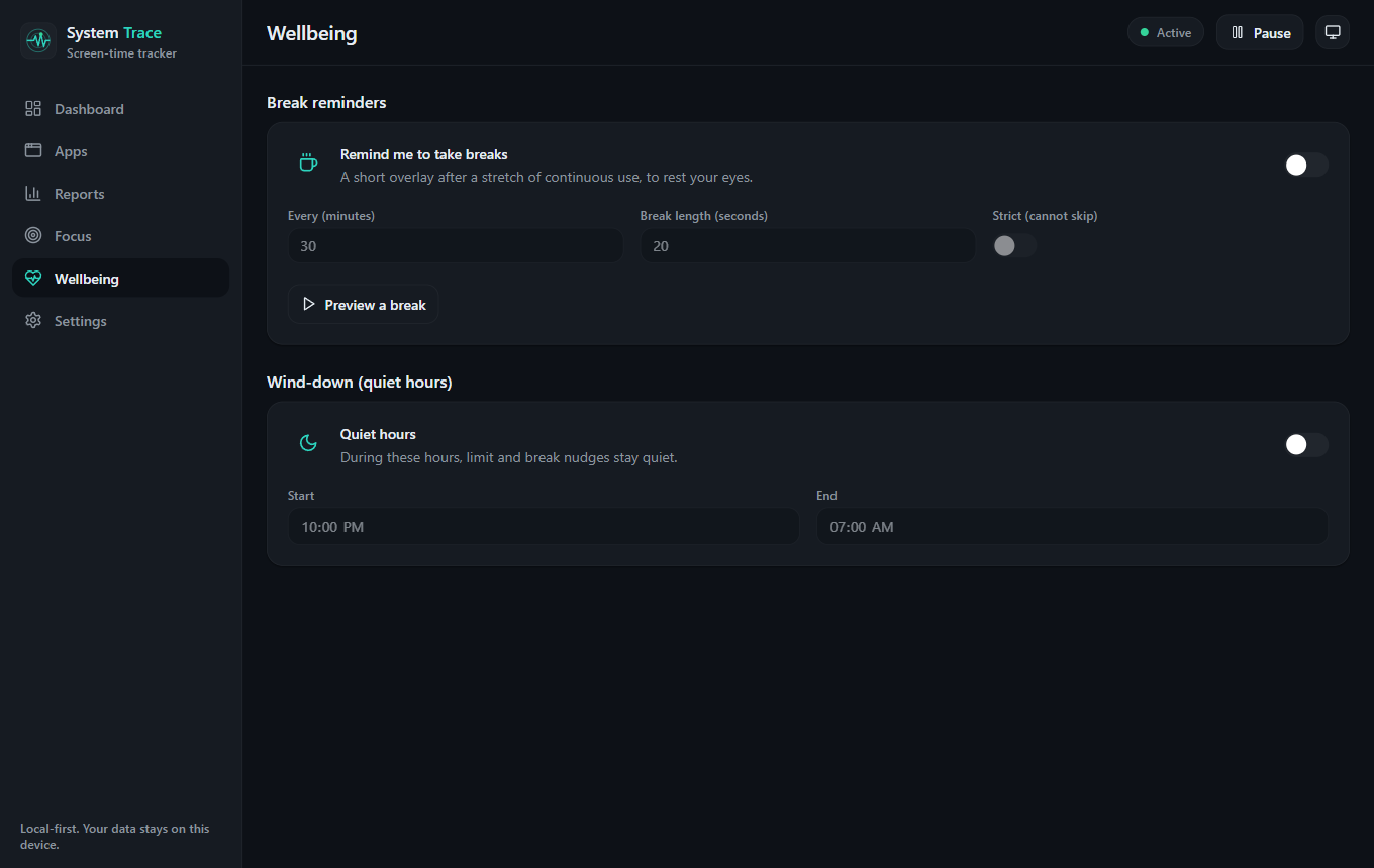 System Trace break reminders and quiet hours in the wellbeing settings
