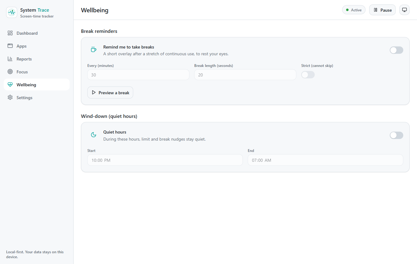 System Trace break reminders and quiet hours in the wellbeing settings
